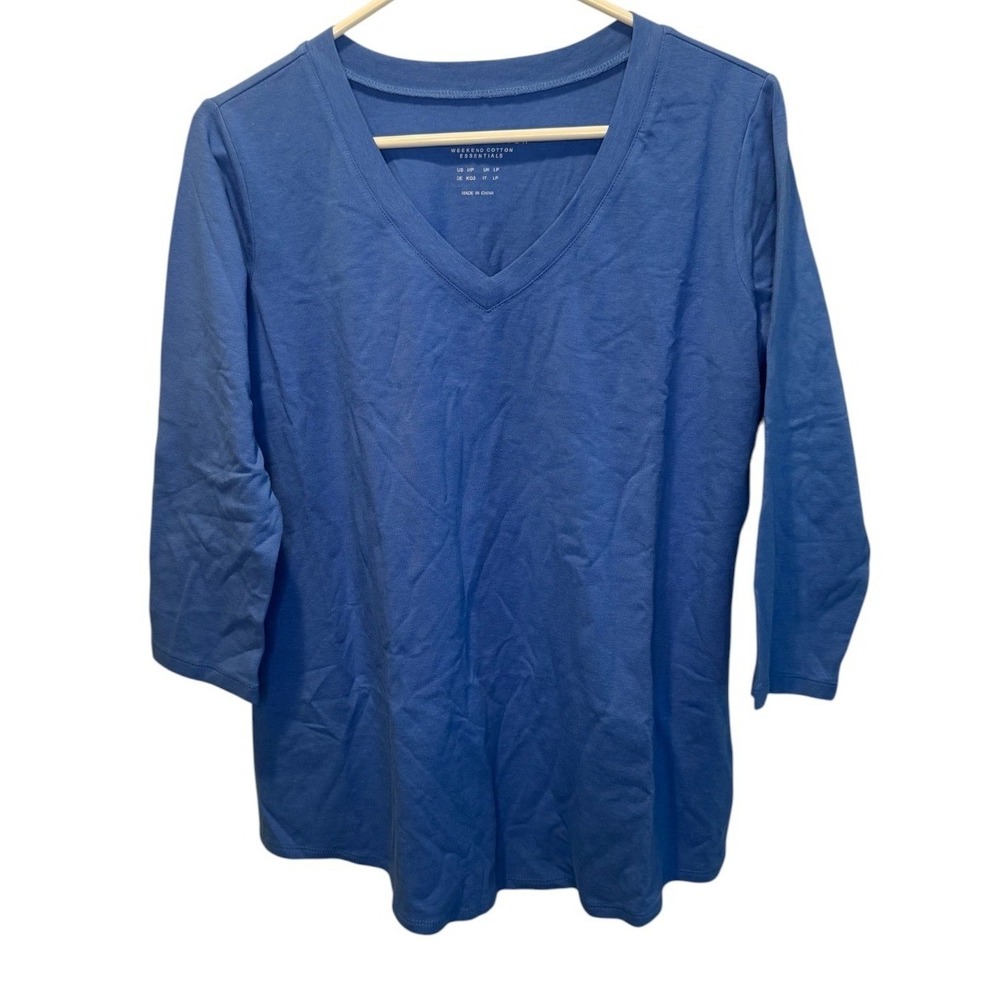 Susan Graver Weekend Cotton Essentials Blue V-Neck 3/4 Sleeve Top MP NEW